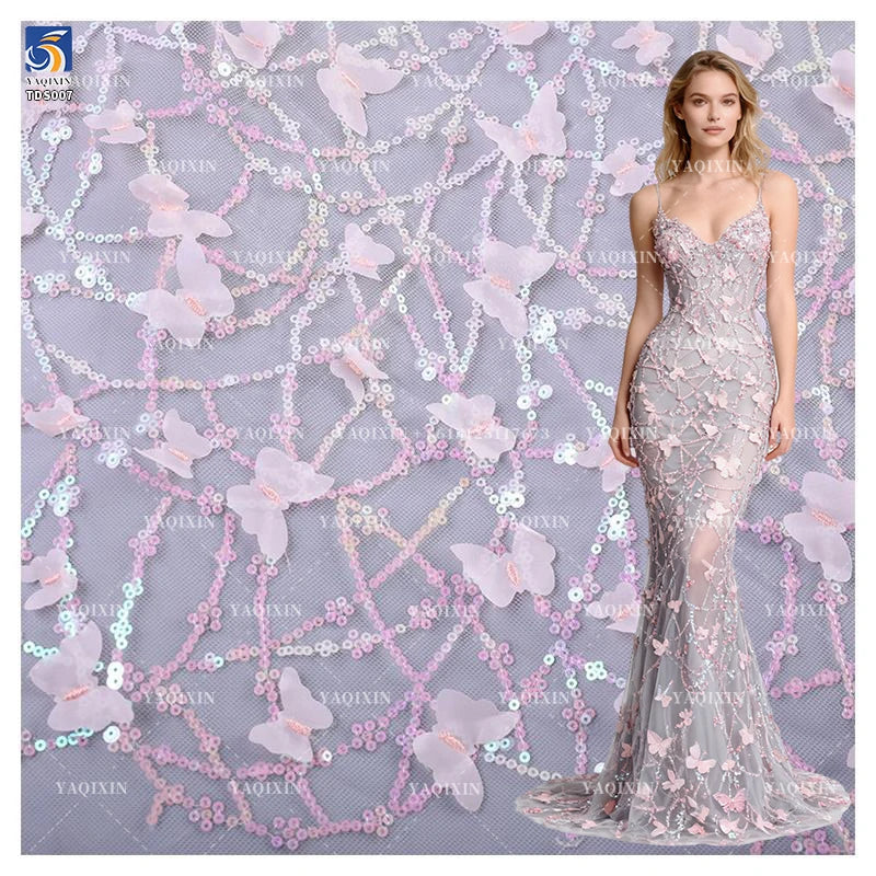 Hot Selling 3D Butterfly Embroidery Lace Fabric with Sequins Sheer Tulle Embroidered Fabric for Wedding Gown & Dresses