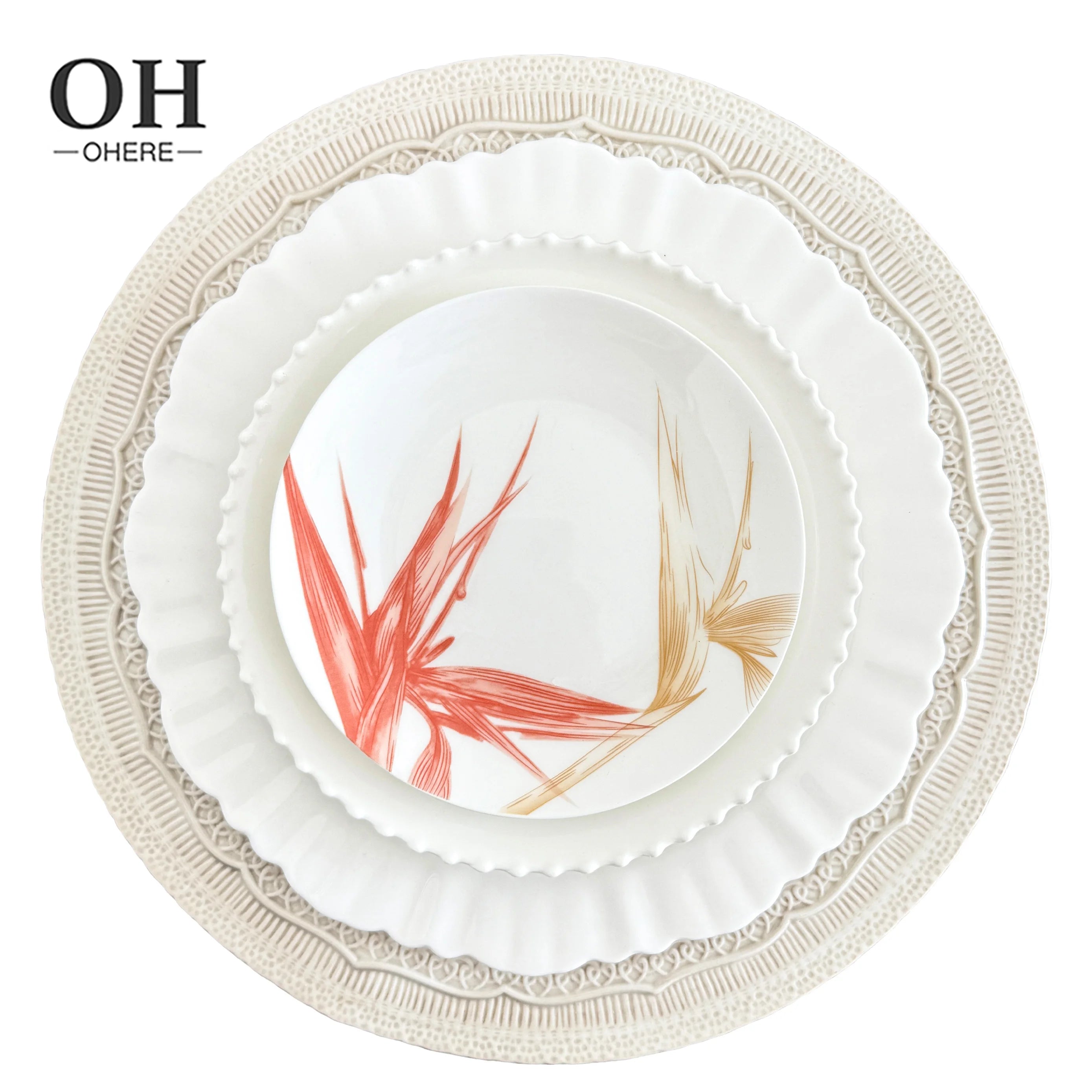 Wholesale White Lace Charger Plate Tableware Set Simple Vintage Event Dishwasher Safe Bone China Floral Ceramic Bread Plates