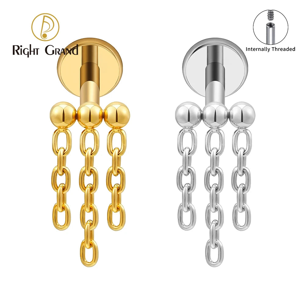 Titanium 16G Internal Thread Triple Beads Chain Dangle Labret Stud Helix Conch Cartilage Tragus Flat Back Piercing Jewelry