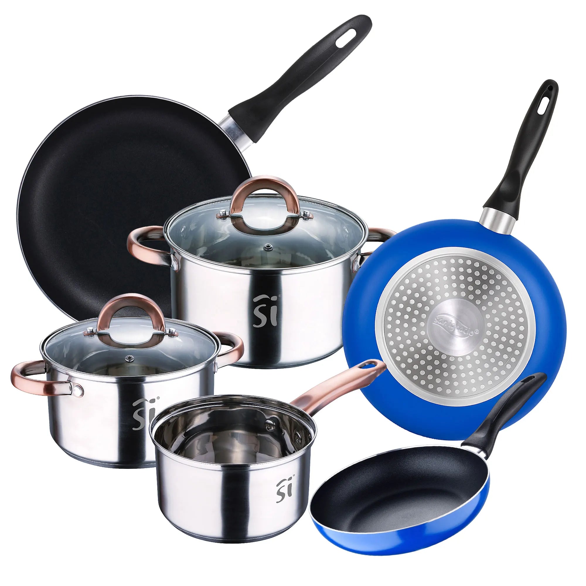 5pc stainless steel cookware set 161820 with 2 glass lids and 3-piece frying pan set 16/20/24 cm pressed aluminum