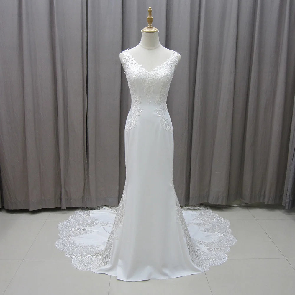 Jancember MZ0029 Elegant Lace Embroidery Satin Mermaid Wedding Long Tail Party Dresses