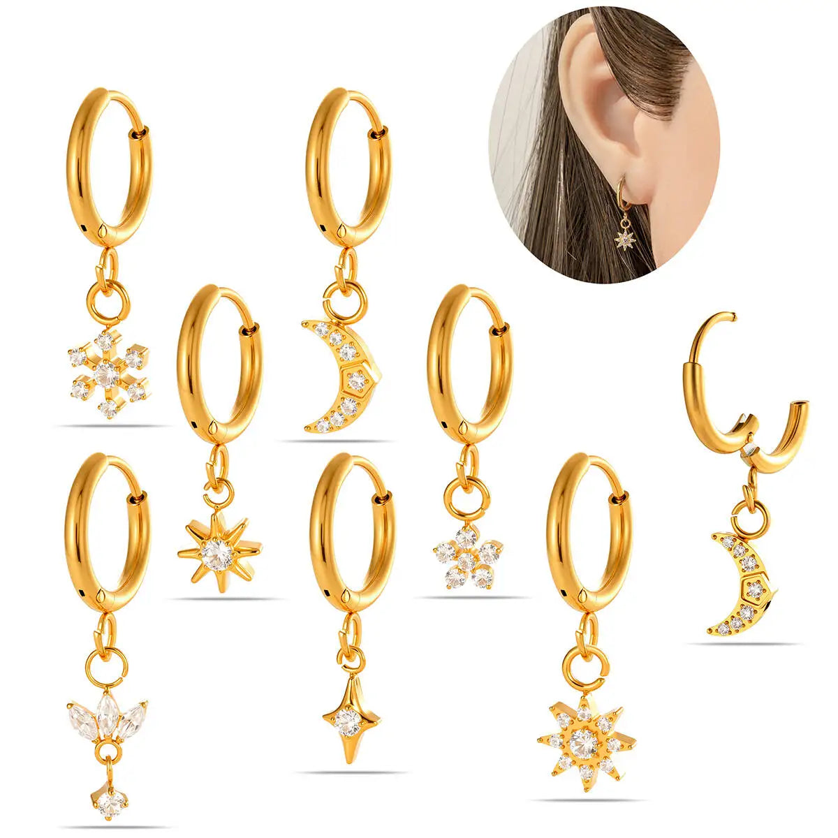 Hengsen Fine Piercing Jewelry Hypoallergenic ASTM F136 Titanium Jewelry Cubic Zircon Snowflake Lobe Conch Huggie Hoop Earring