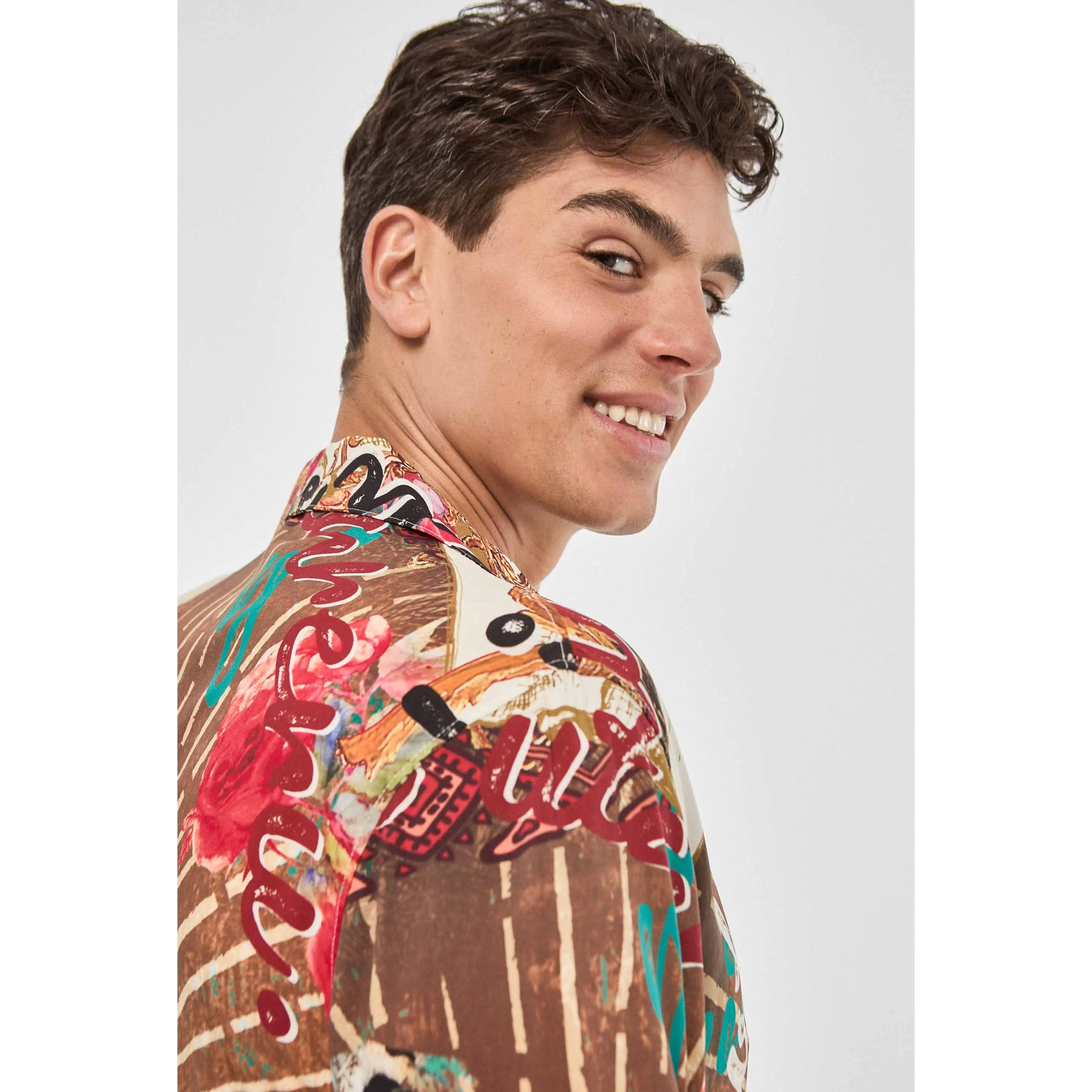 Soft Viscose Summer Formal Breathable Hawaiian Shirt Camel Men's with Eye-catching Floral Print