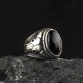 925 Sterling Silver Men's Islamic Engagement Ring Onyx Stone Geometric Pattern Rhodium Plated Gemstone Fine Fashion Jewelry