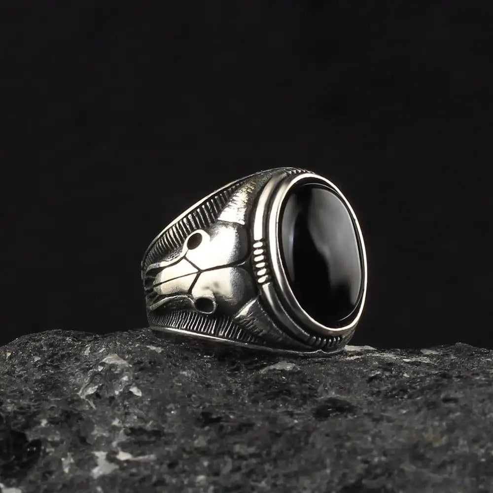 925 Sterling Silver Men's Islamic Engagement Ring Onyx Stone Geometric Pattern Rhodium Plated Gemstone Fine Fashion Jewelry