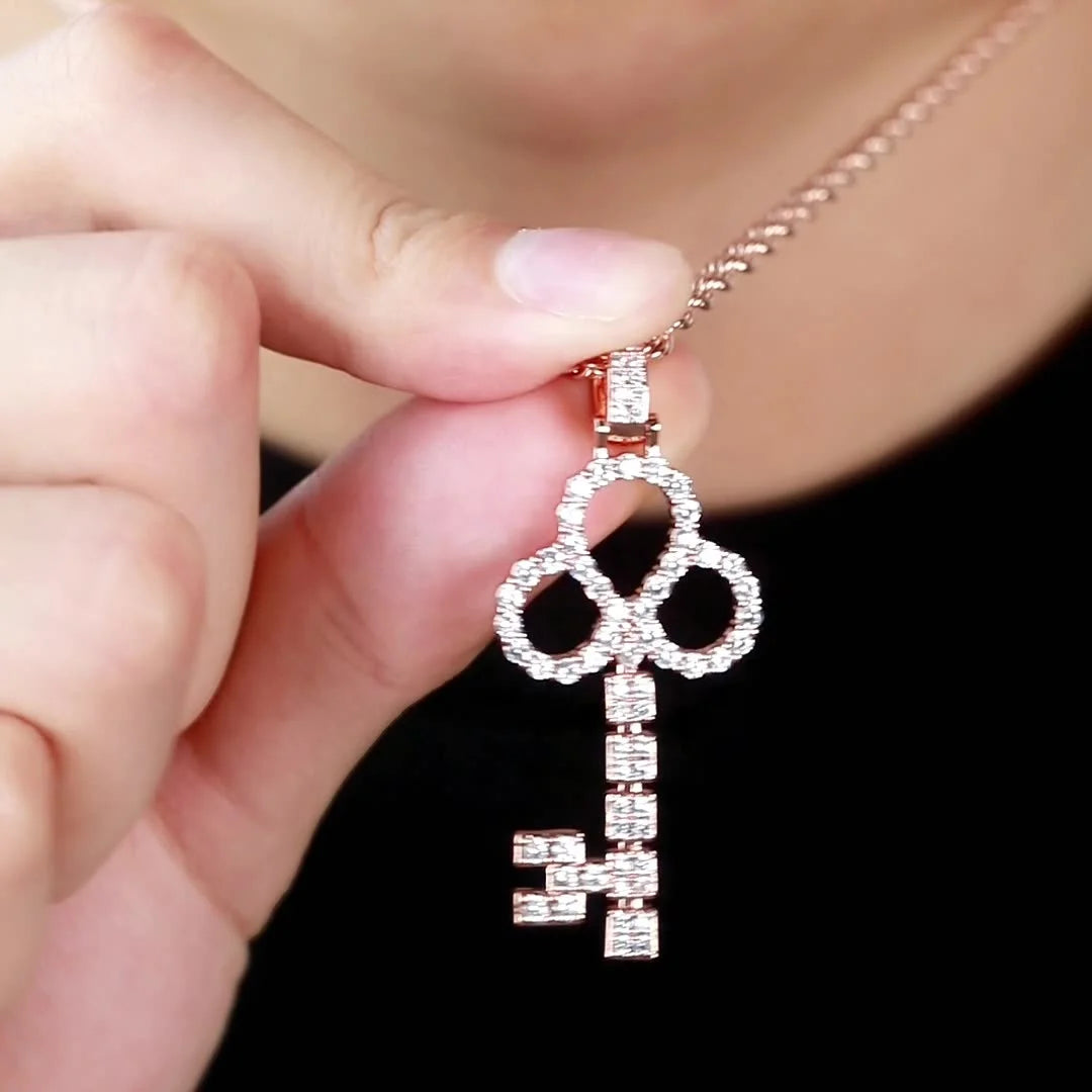 Luxury CZ Brass Gold Plated Key Pendant Necklace with Full Pave Cubic Zirconia Exquisite Statement Jewelry for Women Daily Gifts
