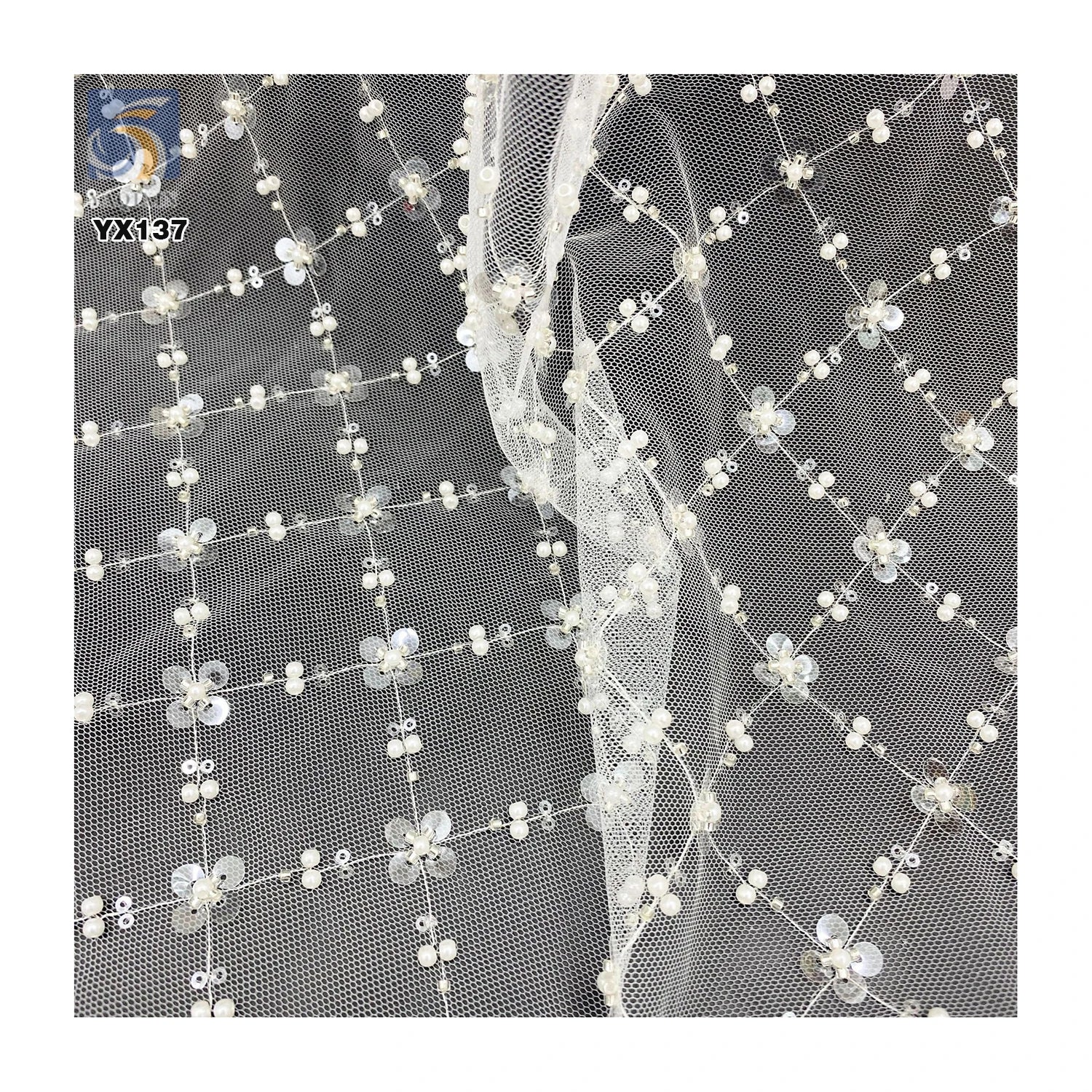 Oriental Beads Embroidery Fabric 100gsm Lace Mesh Embroidery Four-Leaf Clover Pearl Sequin Embroidery Tulle Fabric