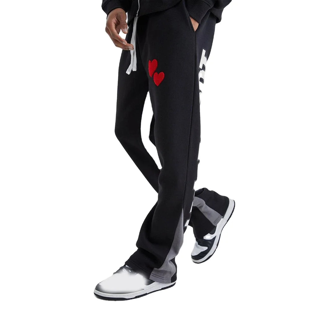 Custom Logo Chenille Embroidery Stacked Gusset Sweatpants 100% Cotton Men's Trouser with Contrast Panel New Heavyweight Design