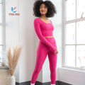 High Waist Seamless Butt Lift Leggings Yoga Sets Fitness Women Red Long Sleeve Yoga Set