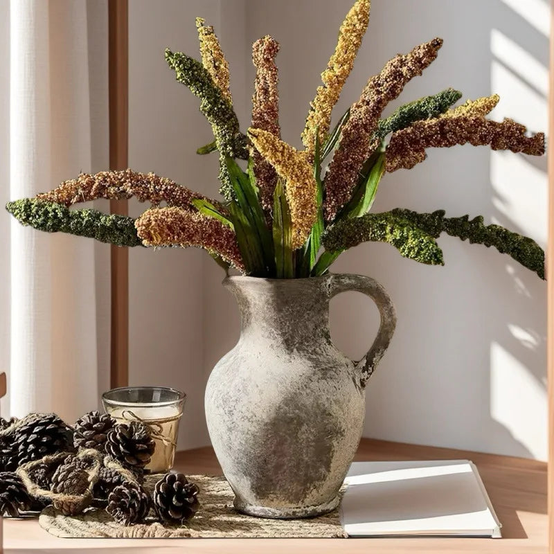 Wabi-Sabi Rustic Ceramic Vase with Natural-Look Millet Stems Japanese Minimalist Home Decor Centerpiece Arrangement