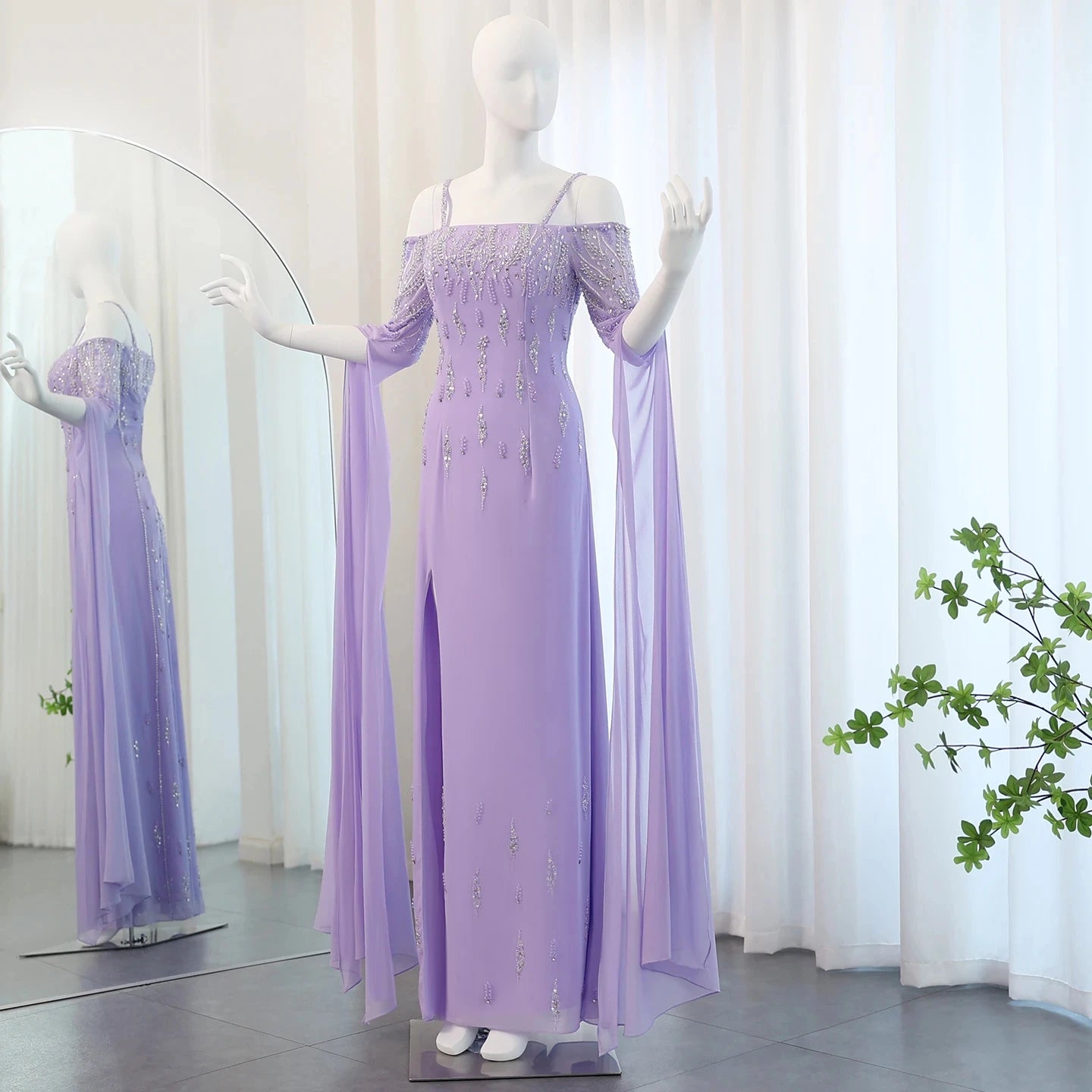 Jancember SZ448 Elegant Lilac Sequins Beaded Spaghetti Strap Slim Mermaid Evening Dresses