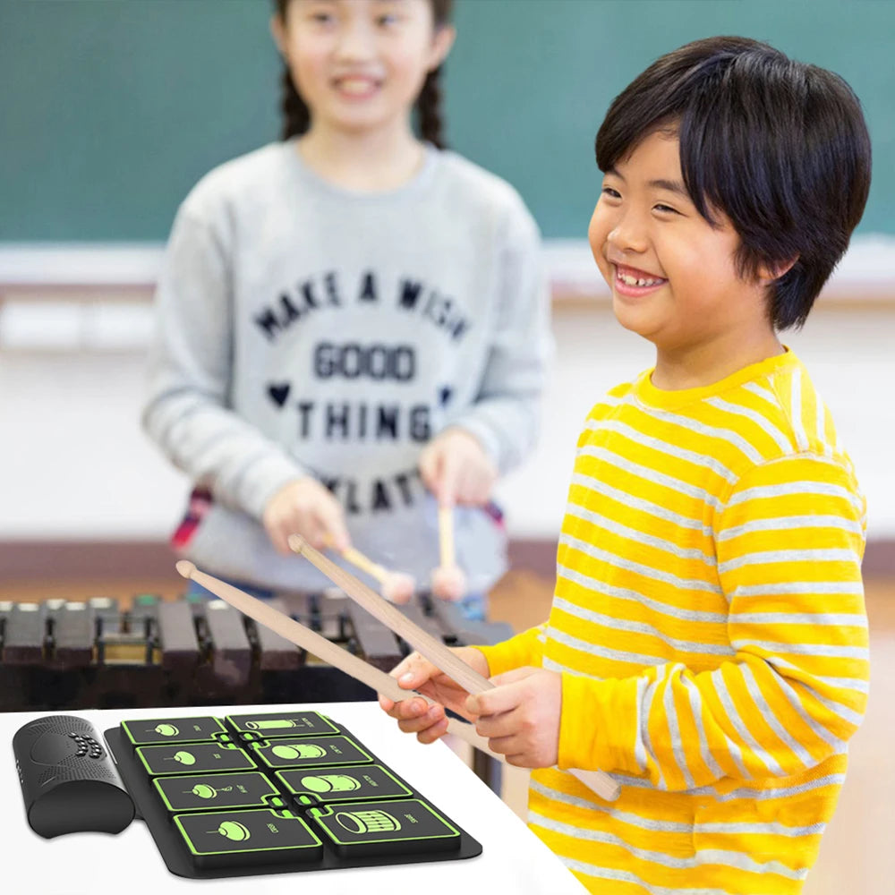 Green Silicone  Electronic Hand Roll Drum MIDI Battery Roll up Drum Kit Music School Gift Professional Drum Set with Speaker
