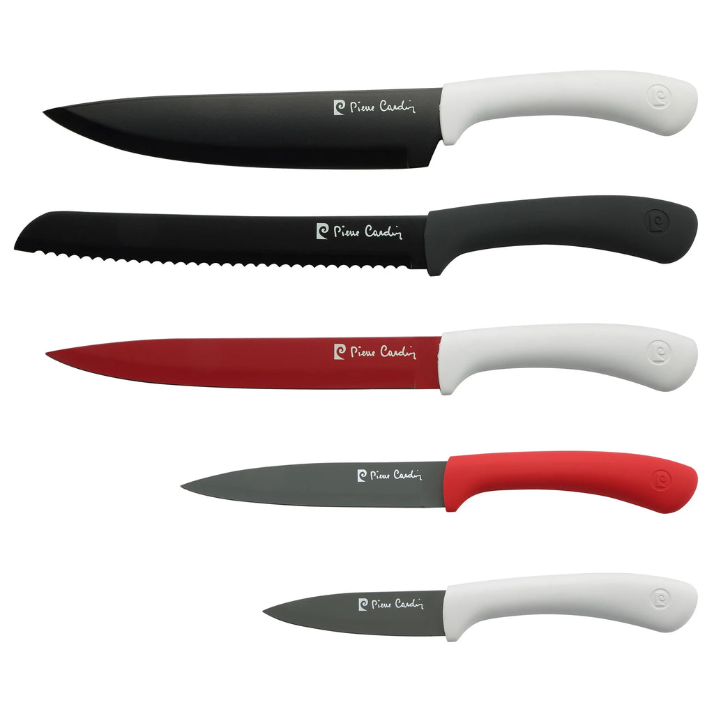 Set of 5 multi-colored stainless steel knives Black/Red/White Pierre Cardin