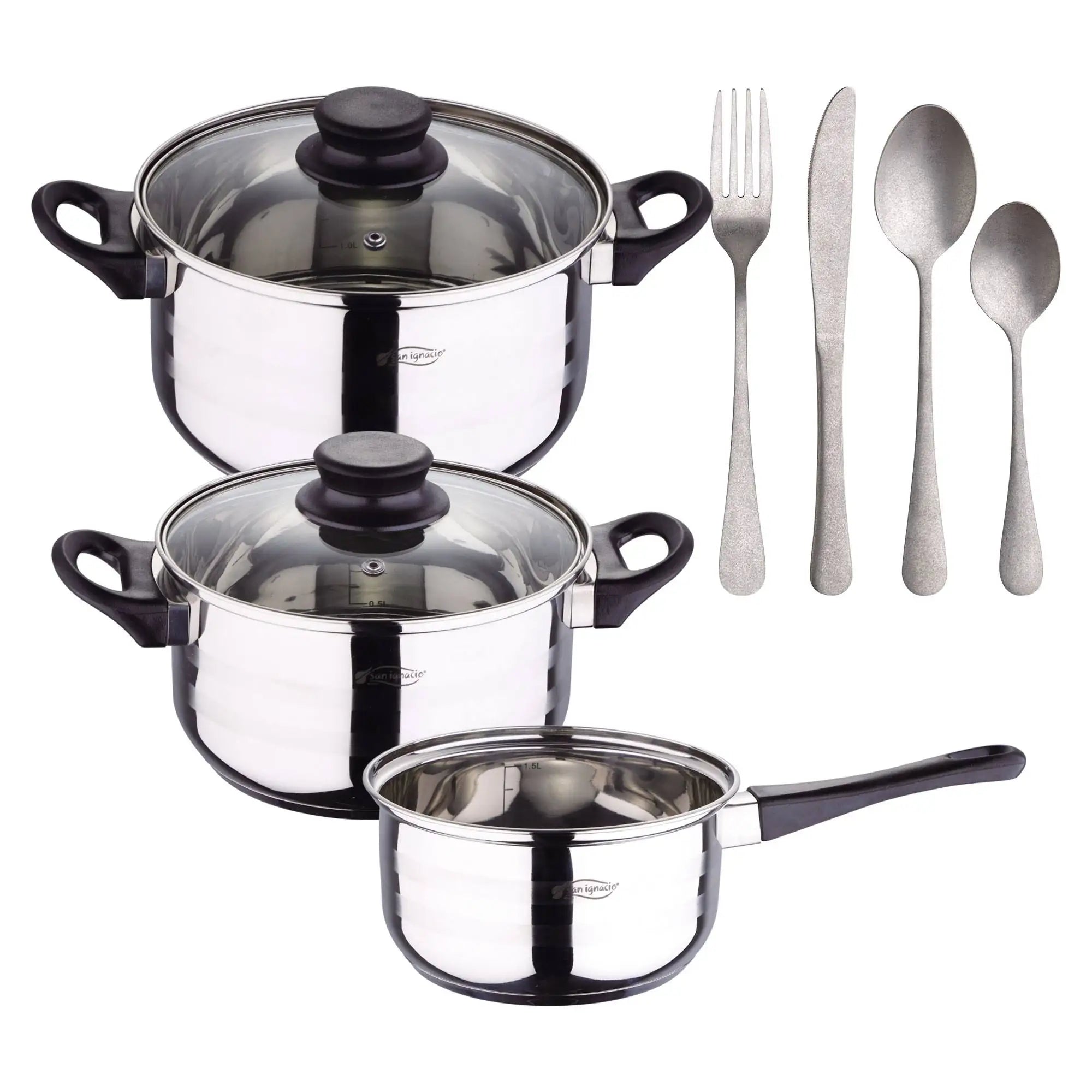 Toledo 5pc Cookware Set Suitable for Induction Hobs + NOIA San Ignacio 16-Piece Stainless Steel Cutlery Set