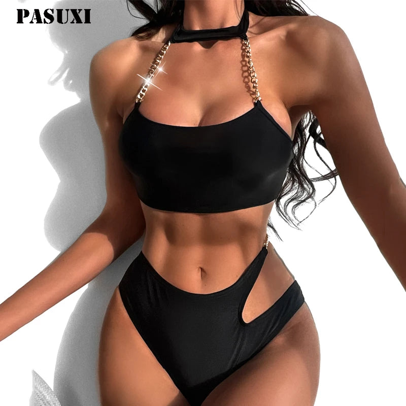 PASUXI Hot Sale Fashion Solid Color Metal Chain Swimwear Two Piece Split Swimsuit Sexy Bikini for Women
