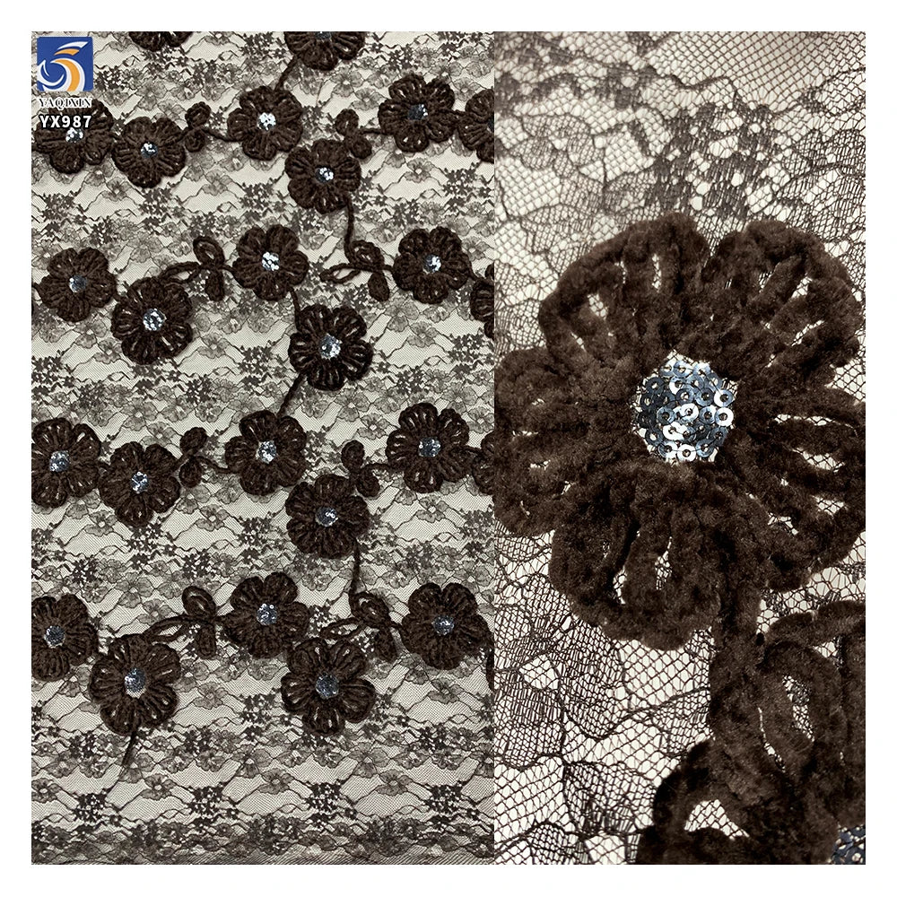 YX987 2026 New Material Customization 70% Polyester 30% Chenille Lace Fabric Flower Embroidery With Sequins for China Dresses