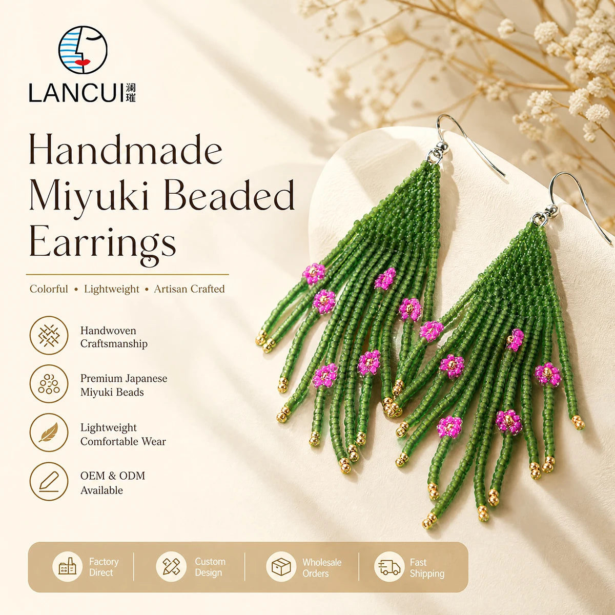 Lancui Handmade Mexican Statement Tiny Flower Tassel Chandelier Long Boho Seed Beaded Earrings