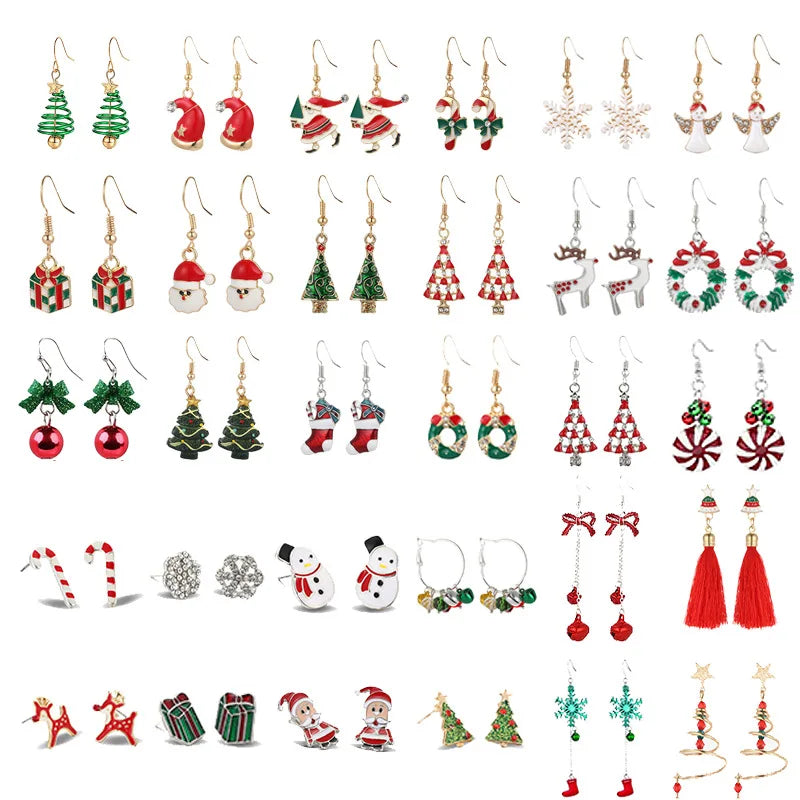 Creative Fashion Christmas Tree Snowflake Elk and Bell Stud Earrings Cute Alloy Dripping Oil Design for Parties
