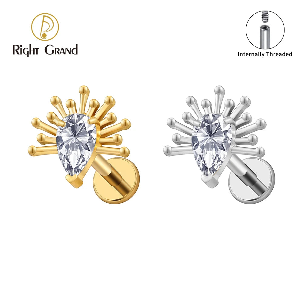 ASTM F136 Titanium Internal Thread Spark Burst Teardrop CZ Flat Back Stud Earring 16G Helix Tragus Cartilage Lip Piercing