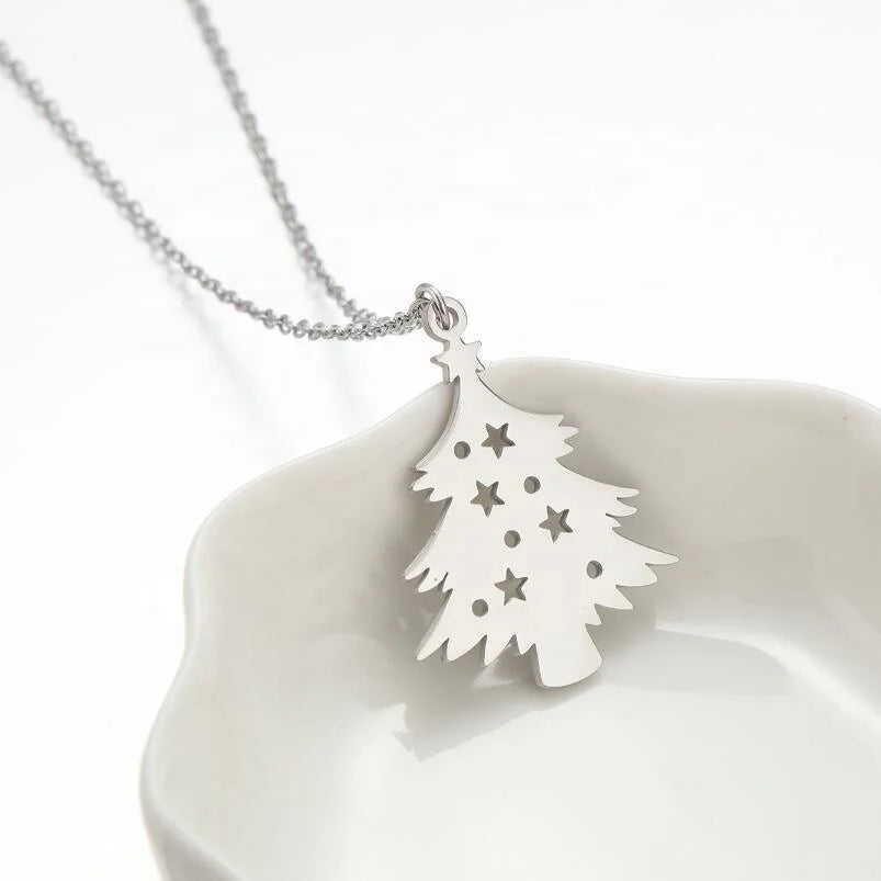 Dina Stock Wholesale 18k Gold Plated Stainless Steel Unisex Christmas Tree Stars Choker Pendant Necklaces Christmas Holiday Gift