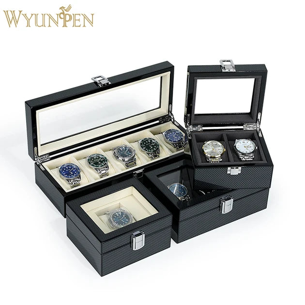 WYP Customizable Luxury Watch Box Packaging Display Waterproof Dustproof Sleek Black Carbon Fiber Cases for Wholesale & Retail