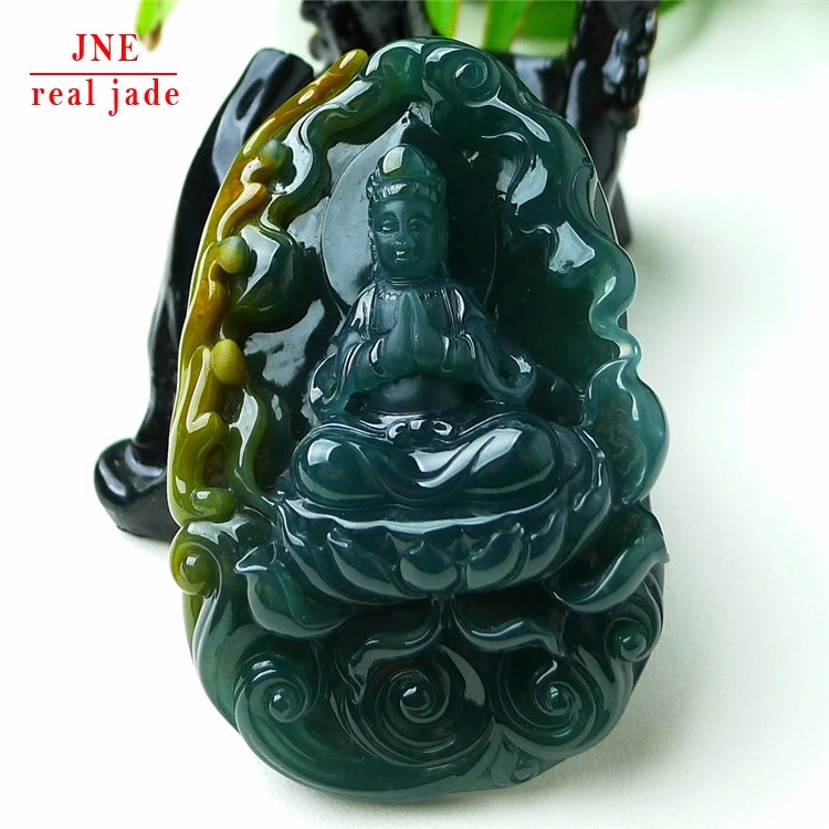 Myanmar Natural a Type Jadeite Jade Pendant Blue Water Guanyin Bodhisattva Emerald Pendant 129.19 MegaBDM