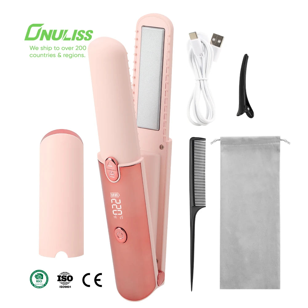 Professional Electric PTC Heating Rechargeable Portable Flat Iron 2-In-1 Wireless Hair Straightener & Curler for Hotel Use