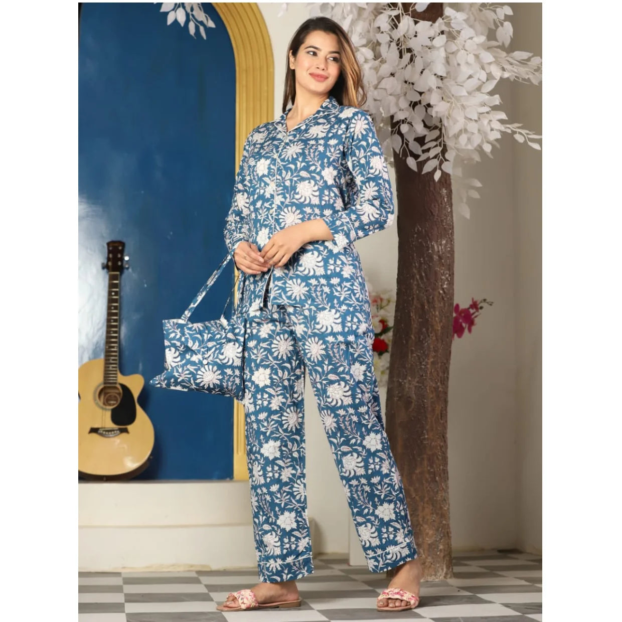 Custom Made Ladies Floral Print Cotton Nightwear Set Button Detail Formal Style Waterproof Breathable Spring/Summer 2-Piece