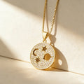 QIKU Planet/Moon/Star Hollow Women's Bohemian Copper Zircon 18K Gold Plated Charm Pendant Necklace with Micro Pave Jewelry Gift