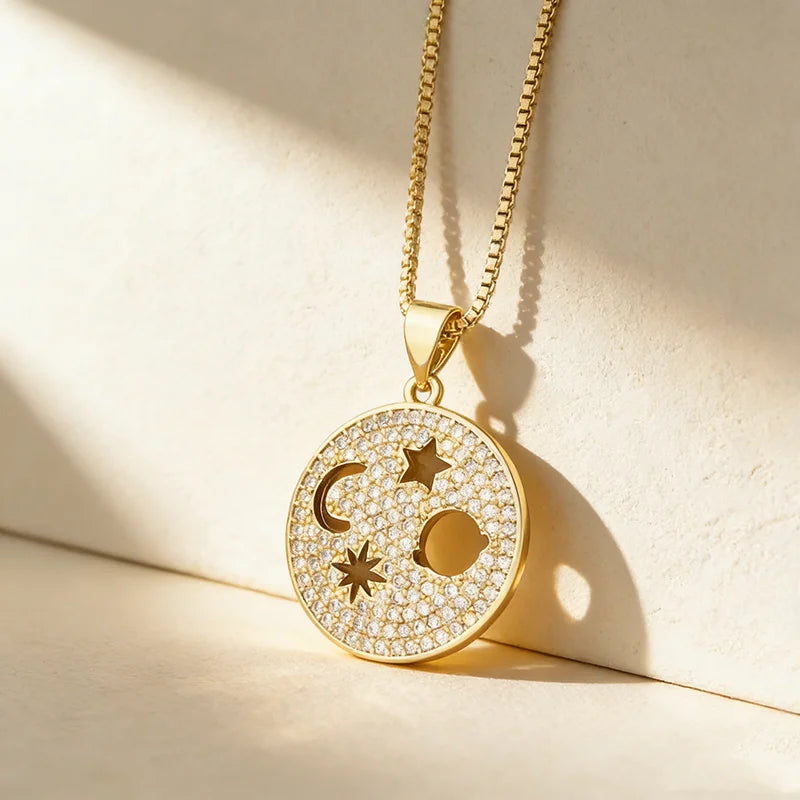QIKU Planet/Moon/Star Hollow Women's Bohemian Copper Zircon 18K Gold Plated Charm Pendant Necklace with Micro Pave Jewelry Gift