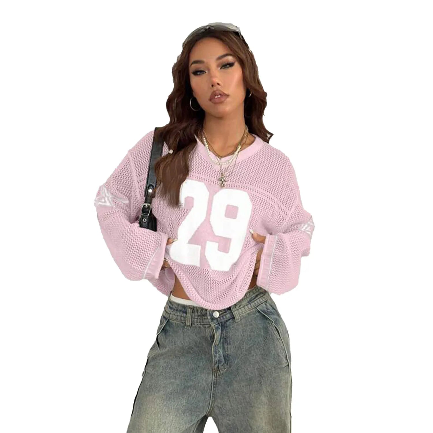 Wholesale Light Pink Mesh Knit Jersey Women's Loose Streetwear Pullover Sweater Graphic Star Sleeve Details Men's T-Shirts