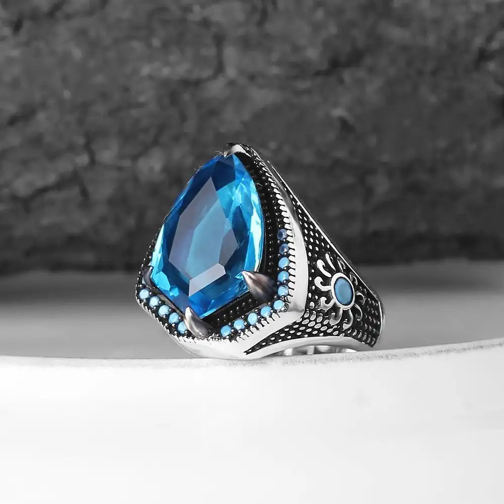 Turkish 925 Sterling Silver Men's Ottoman Style Natural Agate Stone Fine Ring Azuris VALKH1292