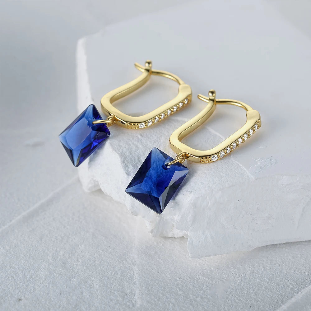 CANNER S925 Sterling Silver U-Shaped Hoop Earrings Square Blue Zircon Drop Earrings Jewelry 18k Gold Plated for Women