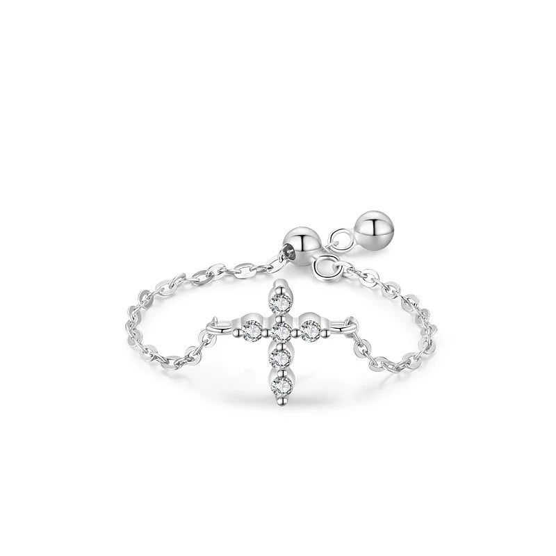 Wholesale Cubic Zirconia S925 Silver Adjustable Chain Ring Sterling Silver Vintage Fine Jewelry Cross Rings