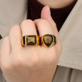 Minimalist Unisex Stainless Steel Ring Inlaid with Square Water Drop Shape Tiger Eye Stone Gold Plated Fashion High-end Jewelry