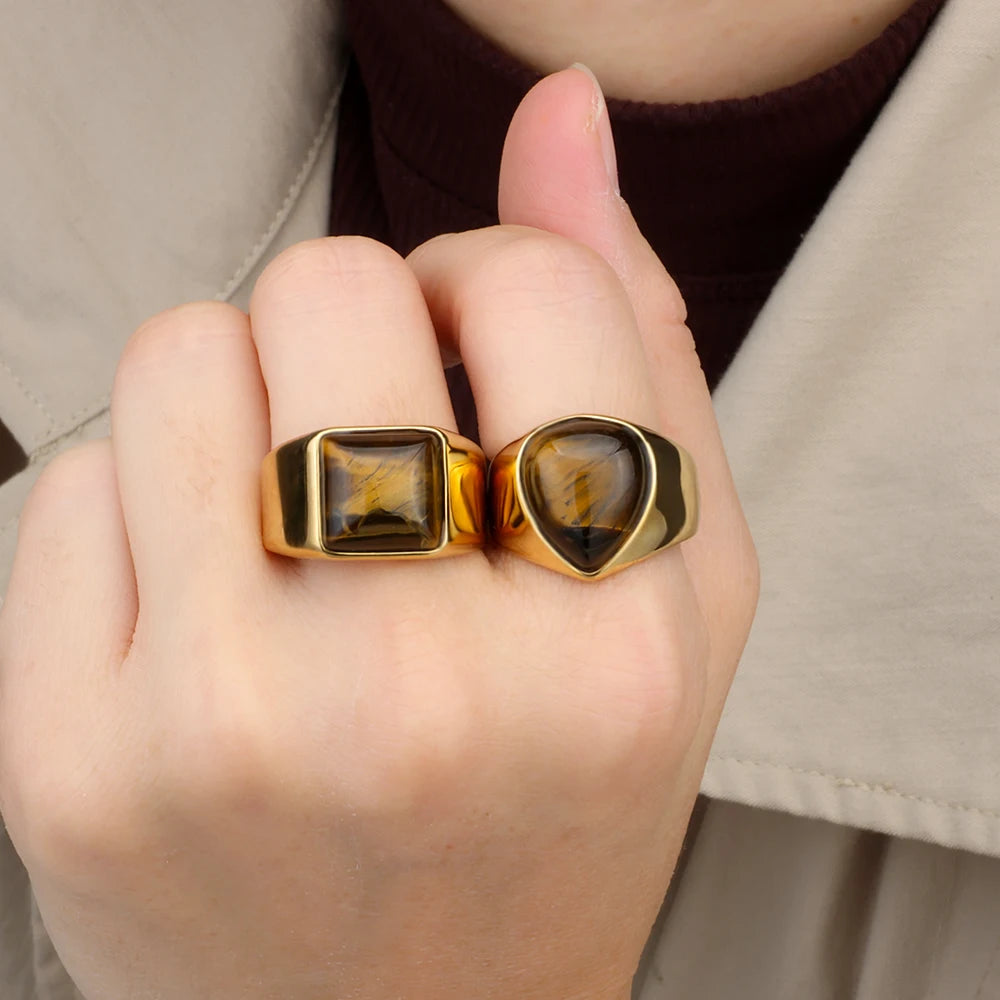 Minimalist Unisex Stainless Steel Ring Inlaid with Square Water Drop Shape Tiger Eye Stone Gold Plated Fashion High-end Jewelry