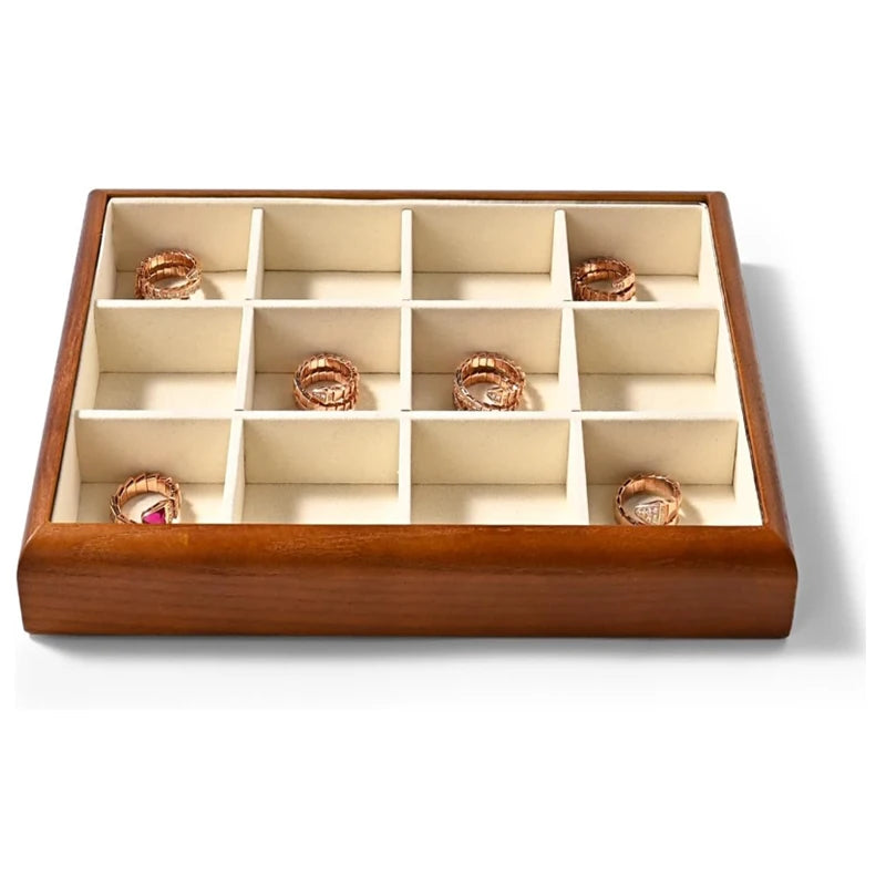 Solid Wood 12 Grids Jewelry Tray Stackable Jewelry Drawer Organizer Showcase Display Organizer Tray for Rings Earrings (Beige)