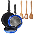 San Ignacio 3-piece frying pan set (16+20+24cm) pressed aluminum blue + 3-piece acacia kitchen utensil set