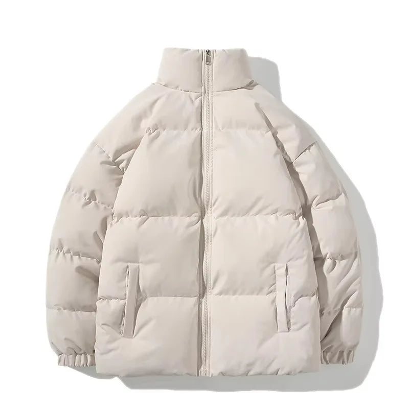 Custom Front Waterproof Windproof Puffer Jacket Standard Winter Coat Stand Collar Solid Colour Canvas Wholesale High Street