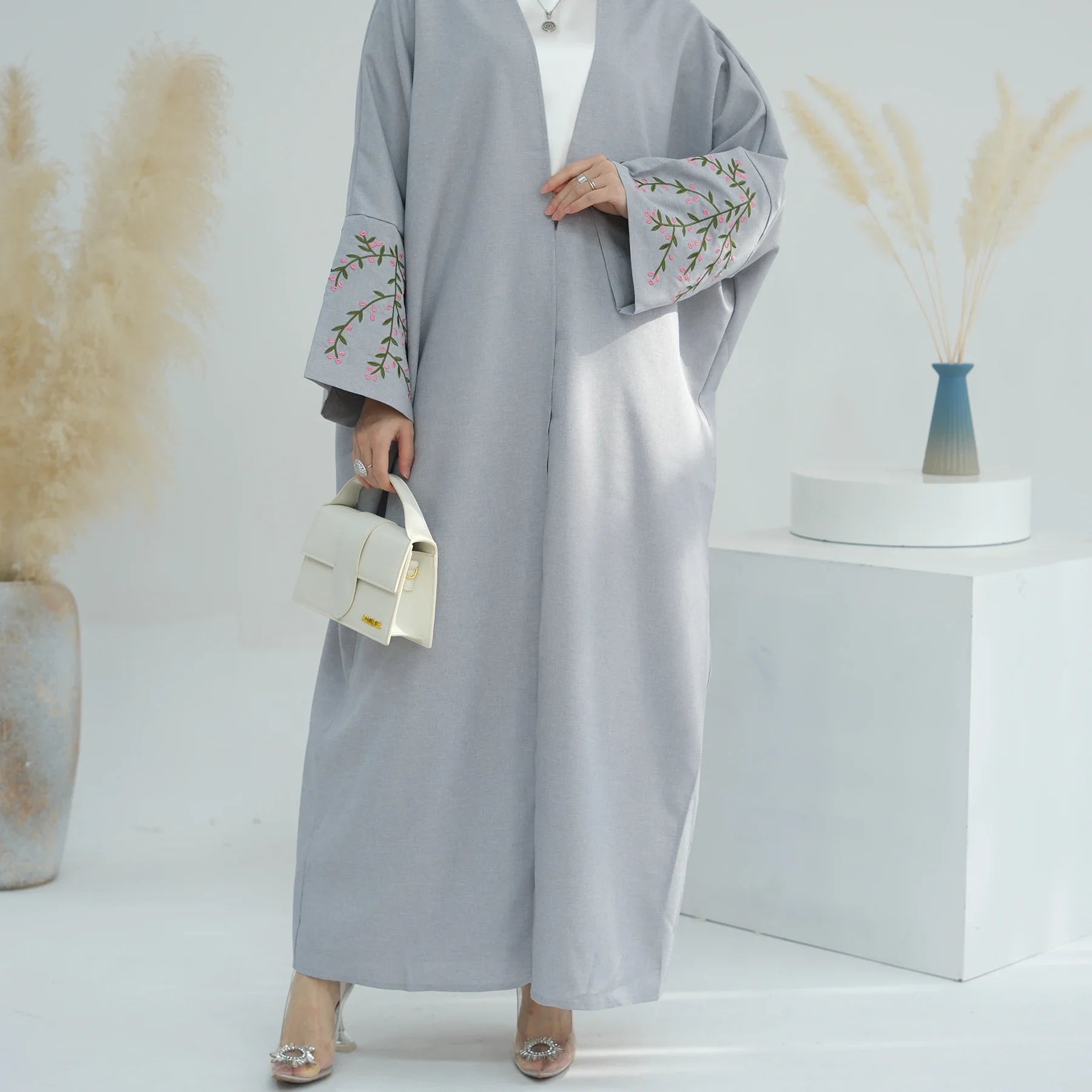 2024 New EID Modest Islamic Clothing Linen Women's Kimono Abaya Dresses Flower Embroidery Plus Size Muslim Abaya