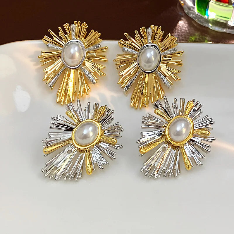 Exaggerated Personalized Pearl Sunflower Earrings Versatile Design Cool Style Earrings