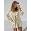 2025 Autumn Women's European & American Style Ruffled Casual Two-Piece Set: Loose-Fit Top with Shorts & Design Details