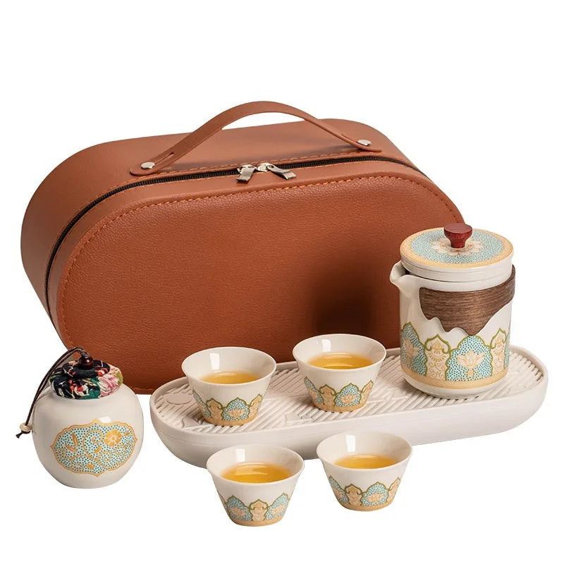 Handmade Retro Vintage White Ceramic Tea Cup Set with 4 Cups & Tea Jars Includes Leather Bag for Food Storage & Container