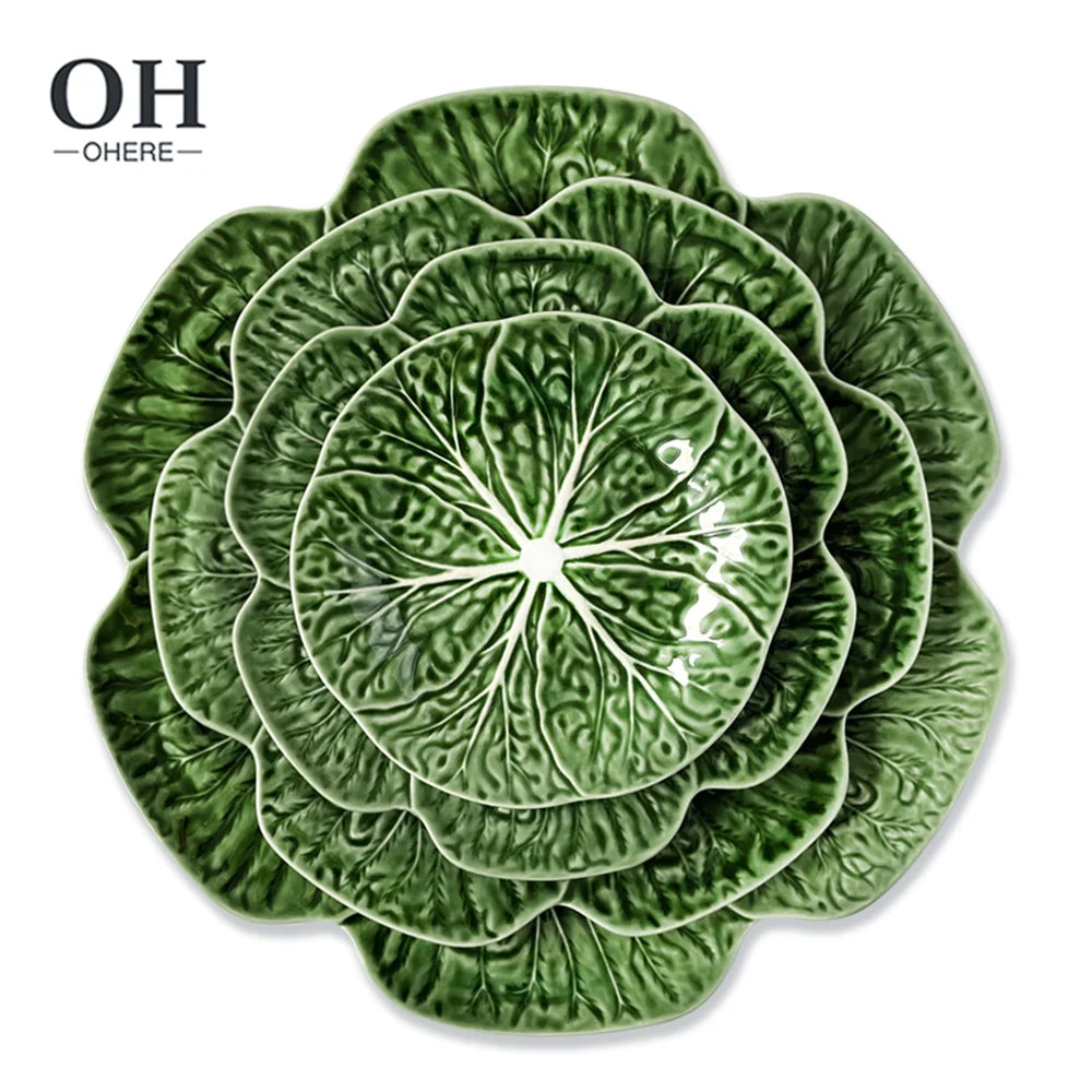 Hot Sale 13inch Green Cabbage Charger Plates Portuguese Village Ceramic Dinnerware for Hotels Use Green Vegetable Tableware