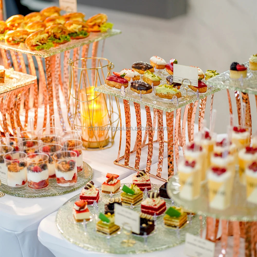 XINGPAI Other Hotel Buffet Elevation Banquet Dessert Display Stand Wedding Cake Food Rack With Hot Melt Glass Plate