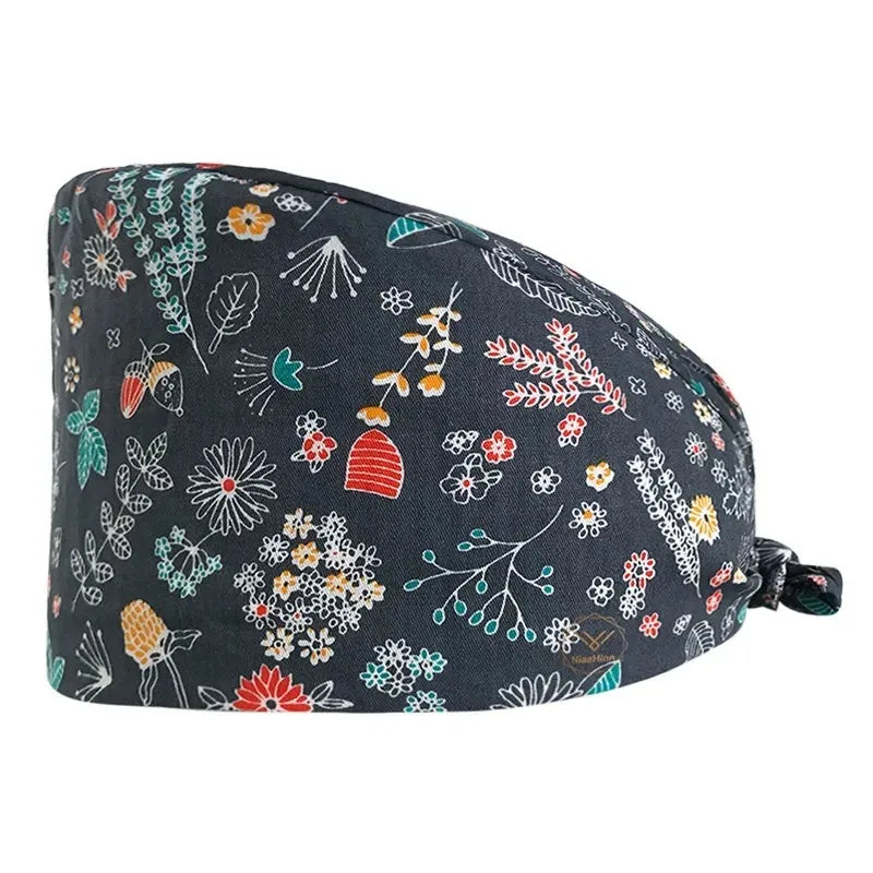 Women's Bouffant Scrub Caps Blue Line Sunflower Working Cap Nurse Hat Surgical Cap with Button and Sweatband MegaBDM