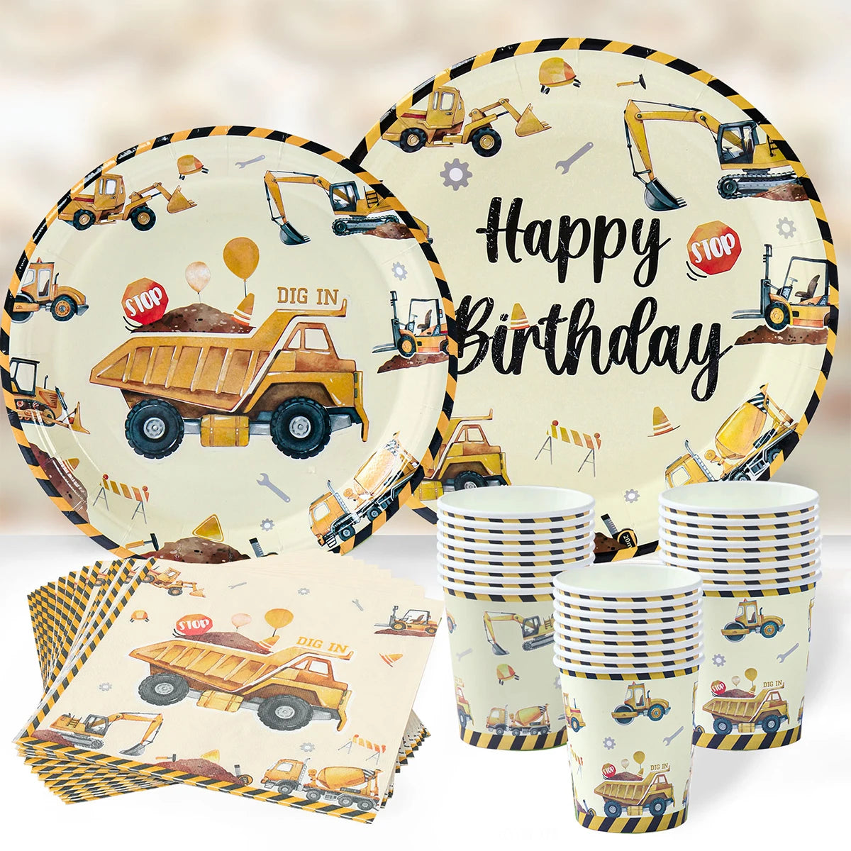 Construction Theme Disposable Tableware Set Tractor Truck Paper Plates Tablecloth for Kids Boy Birthday Party Decorations