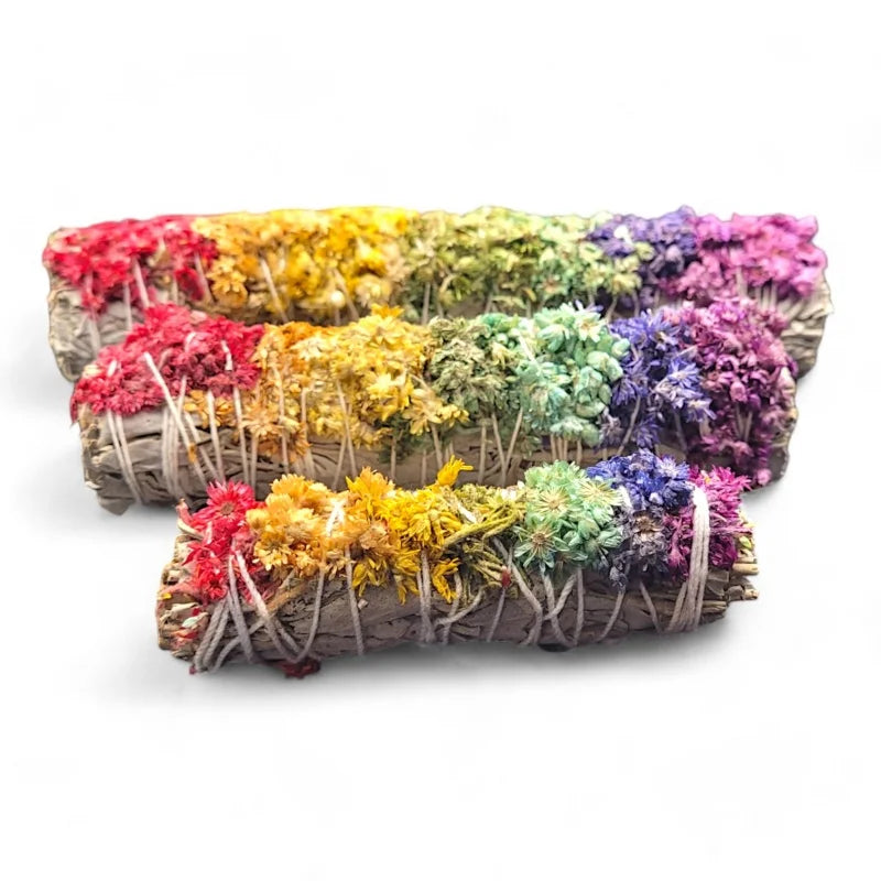4 Inch Aromatic White Sage & Rainbow Chakra Roses Smudge Sticks for Meditation & Purification