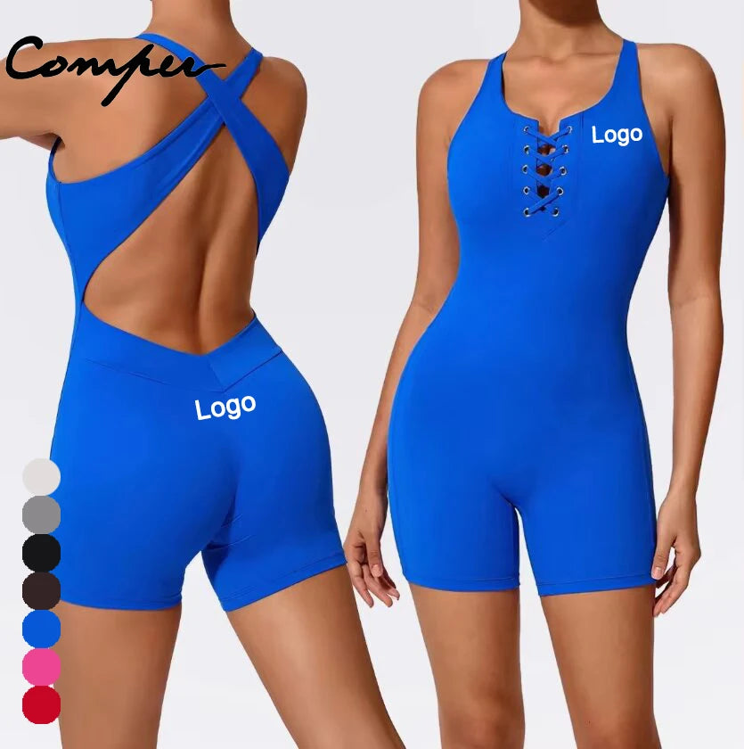 Sleeveless Crossover Strapped Backless One-piece Short Hollow Out Push up Jumpsuit Fitness Workout Bodysuit & Jumpsuit