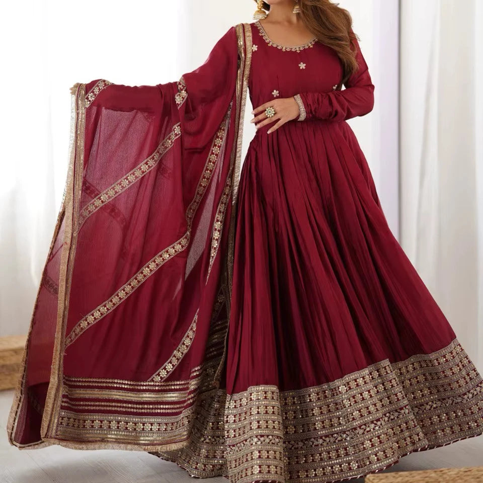 Embroidered Red Ladies Chinon Silk Thread and Sequins Work Wrinkle Free Quick Dry Reversible Ankle-Length Party Gown